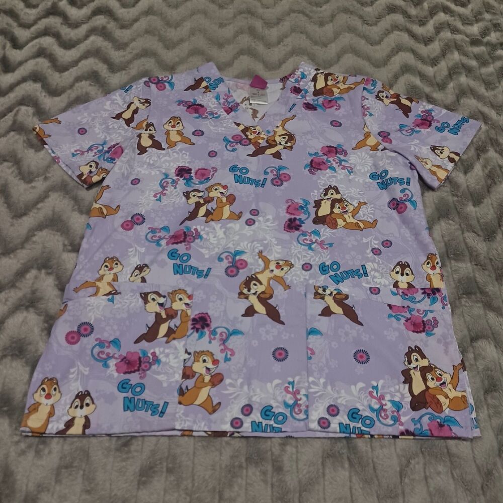 Wonderful World Of Disney Womens Size S Purple Chip And Dale Floral Scrub Top